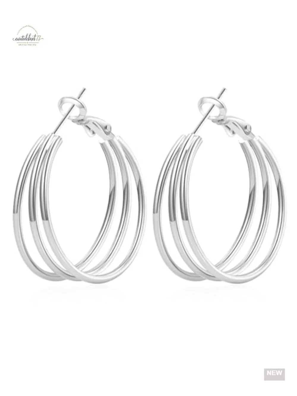 925 Sterling Silver Post Hoop Earrings Hypoallergenic Gold Plated Triple Hollow